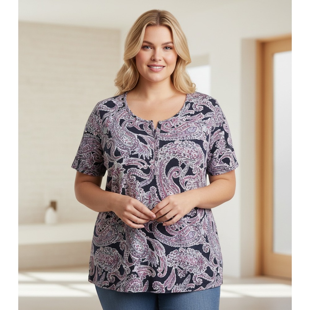 Croft Barrow 1X Top Tee Henley Blue Purple Paisley Casual Knit Short Sleeve